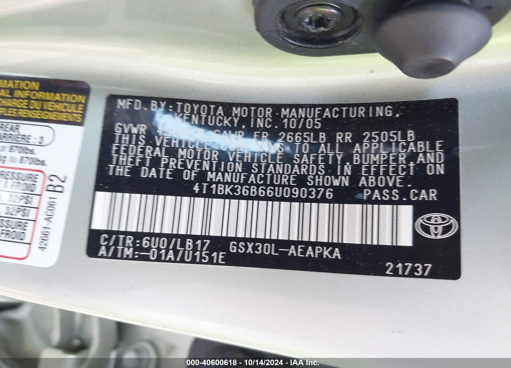 2006 TOYOTA AVALON LIMITED VIN: 4T1BK36B66U090376