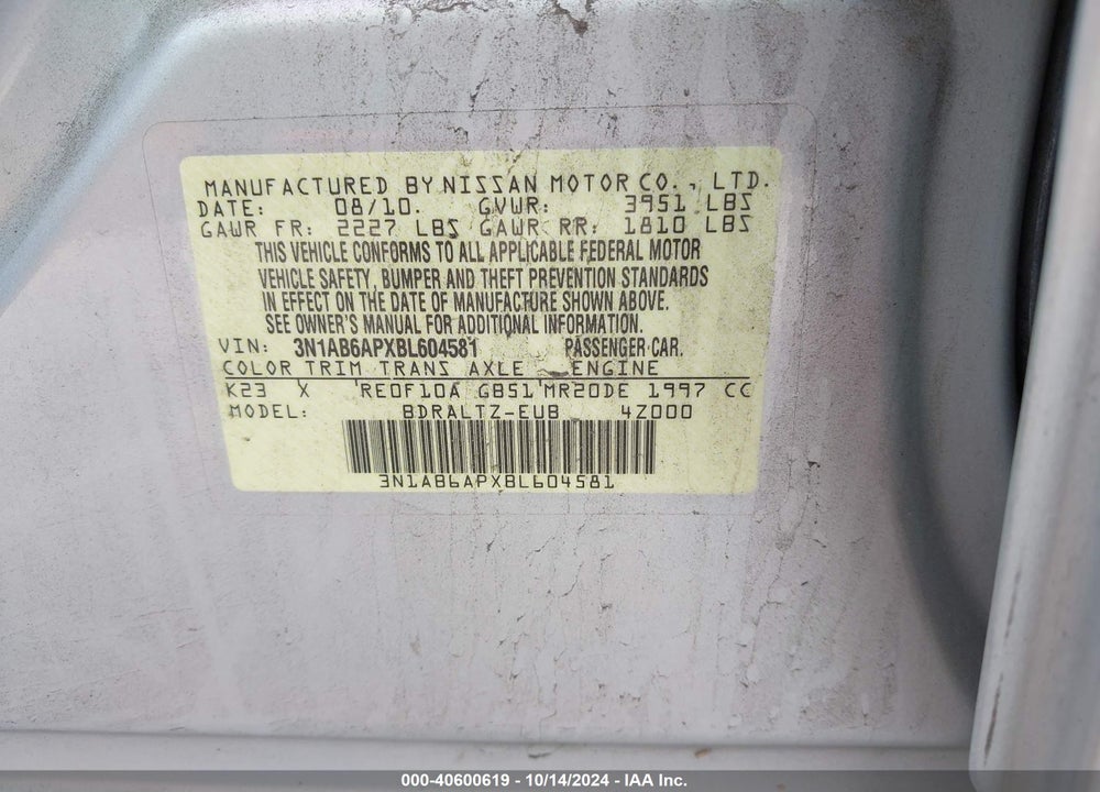 2011 NISSAN SENTRA VIN: 3N1AB6APXBL604581