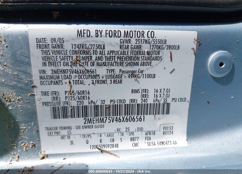 2006 MERCURY GRAND MARQUIS LS VIN: 2MEHM75V46X606561
