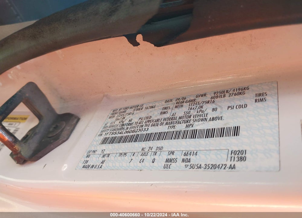 2006 FORD E-350 SUPER DUTY VIN: 1FTSS34L06DB23033