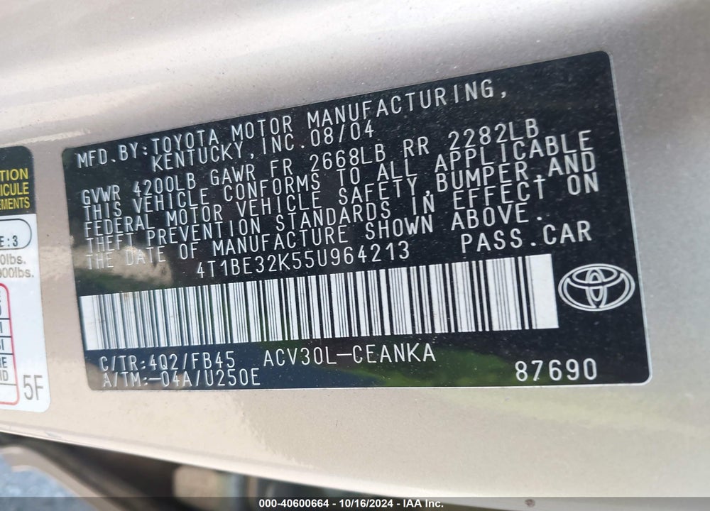 2005 TOYOTA CAMRY LE VIN: 4T1BE32K55U964213