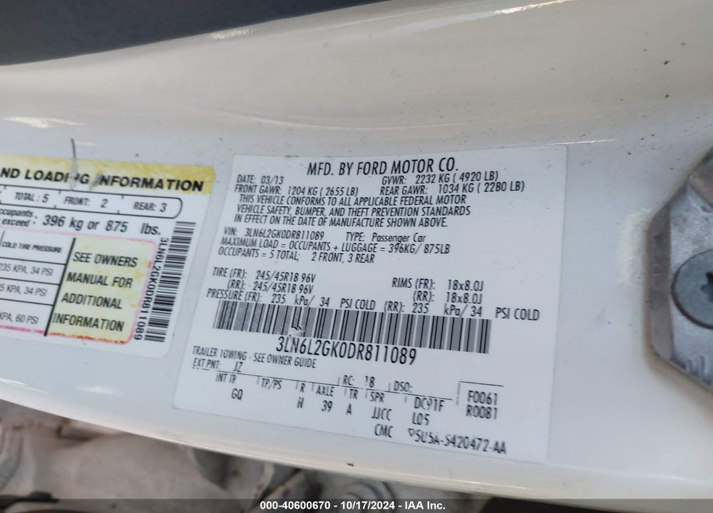 2013 LINCOLN MKZ VIN: 3LN6L2GK0DR811089