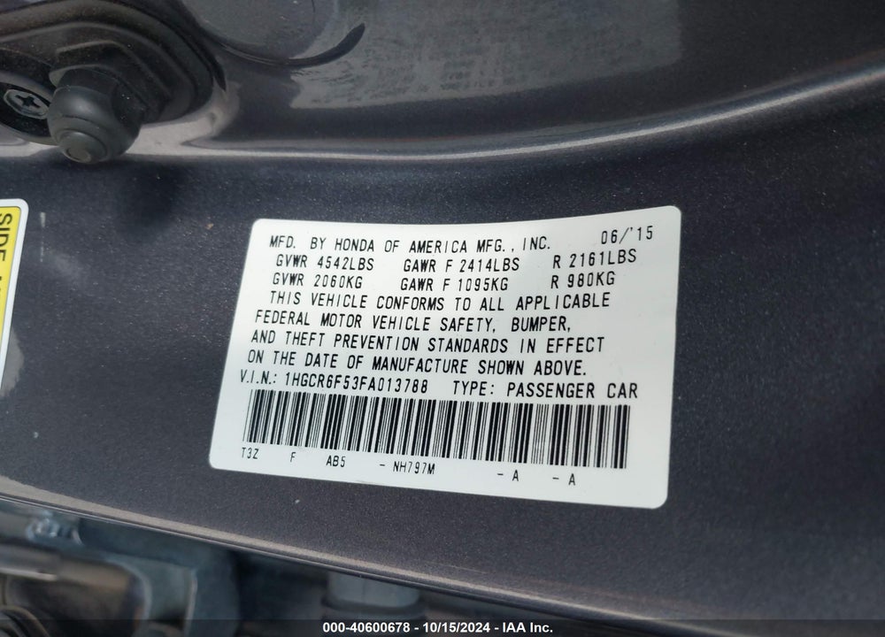 2015 HONDA ACCORD HYBRID EX-L VIN: 1HGCR6F53FA013788