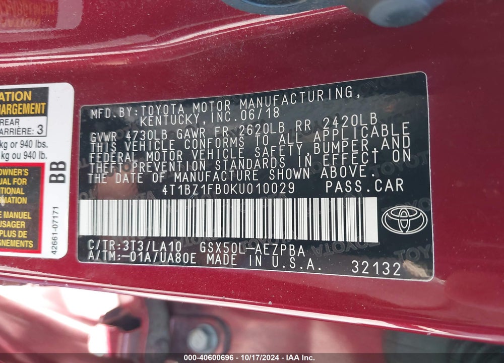2019 TOYOTA AVALON LIMITED VIN: 4T1BZ1FB0KU010029