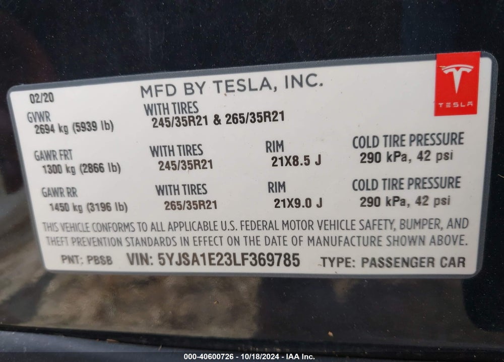 2020 TESLA MODEL S LONG RANGE DUAL MOTOR ALL-WHEEL DRIVE/LONG RANGE PLUS DUAL MOTOR ALL-WHEEL DRIVE VIN: 5YJSA1E23LF369785