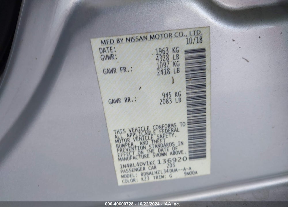 2019 NISSAN ALTIMA 2.5 SV VIN: 1N4BL4DV1KC136920