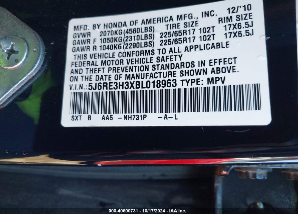 2011 HONDA CR-V LX VIN: 5J6RE3H3XBL018963
