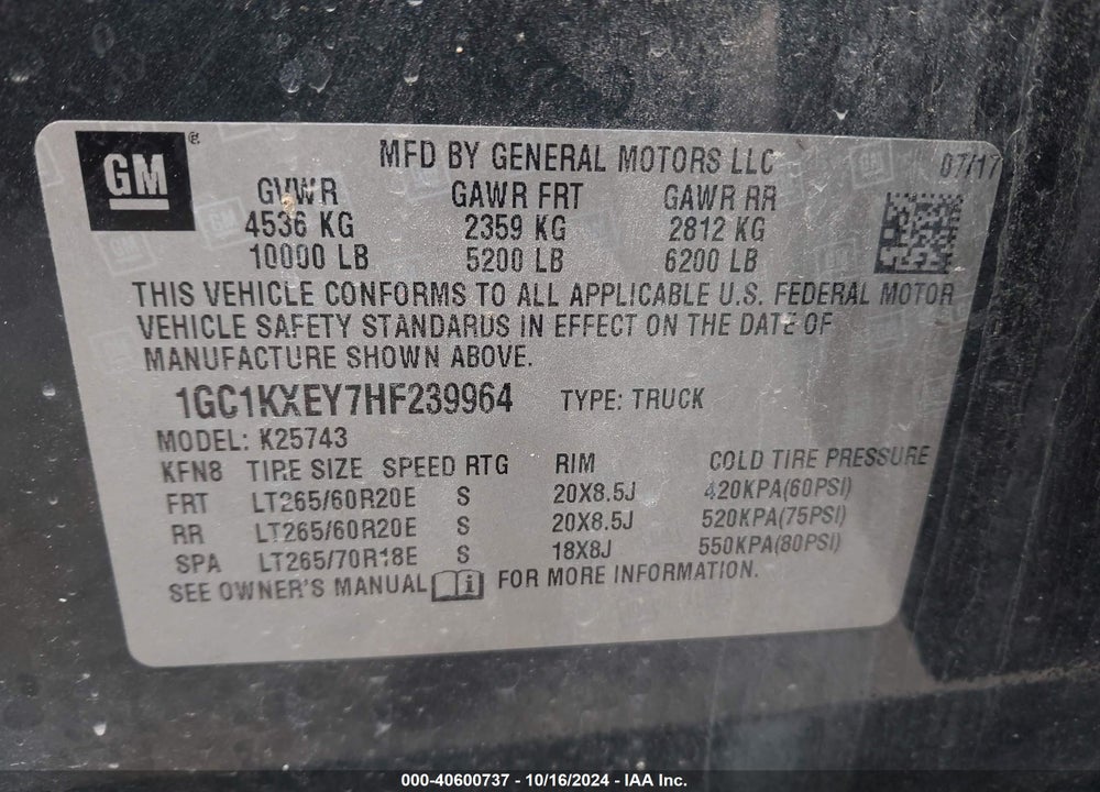 2017 CHEVROLET SILVERADO 2500HD HIGH COUNTRY VIN: 1GC1KXEY7HF239964
