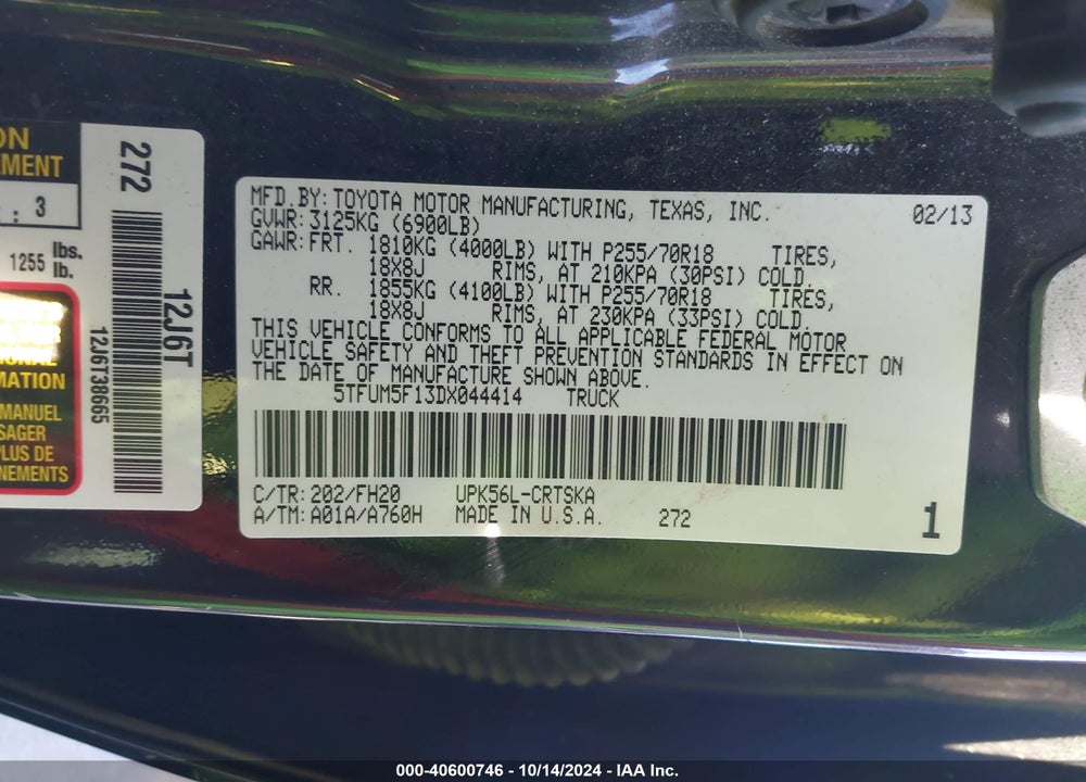 2013 TOYOTA TUNDRA GRADE 4.6L V8 VIN: 5TFUM5F13DX044414