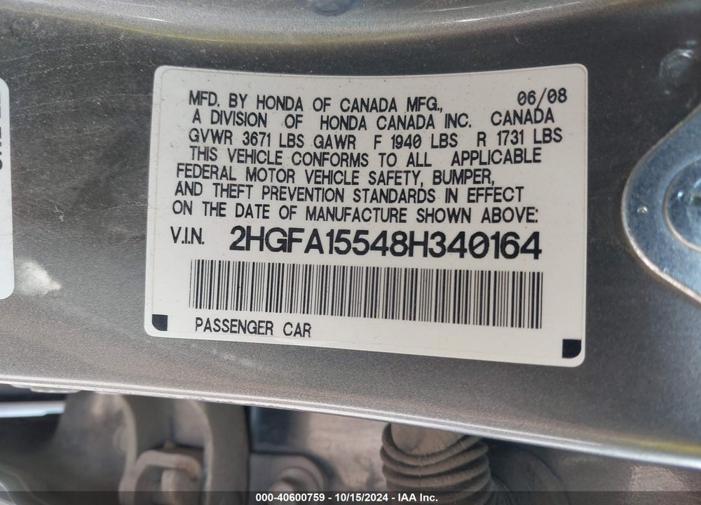 2008 HONDA CIVIC LX VIN: 2HGFA15548H340164