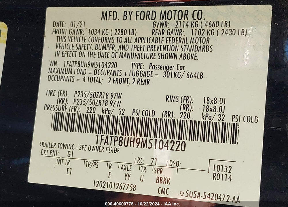 2021 FORD MUSTANG ECOBOOST PREMIUM VIN: 1FATP8UH9M5104220
