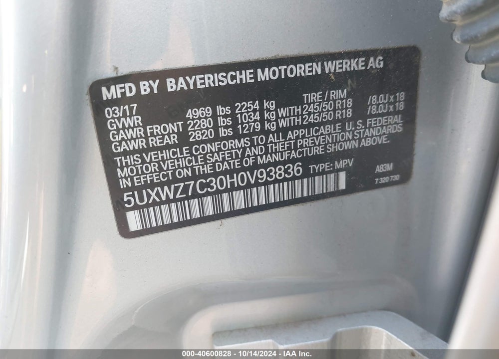 2017 BMW X3 SDRIVE28I VIN: 5UXWZ7C30H0V93836