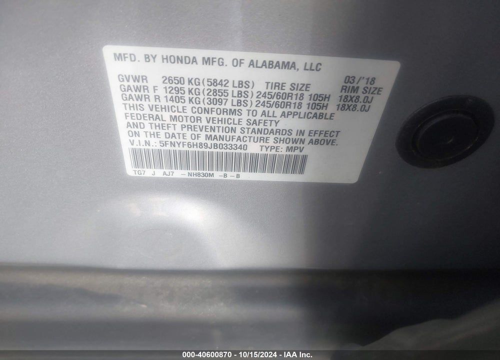 2018 HONDA PILOT EX-L VIN: 5FNYF6H89JB033340