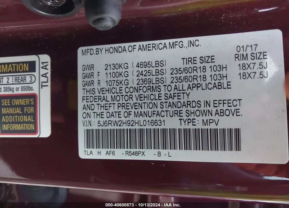 2017 HONDA CR-V VIN: 5J6RW2H92HL016631