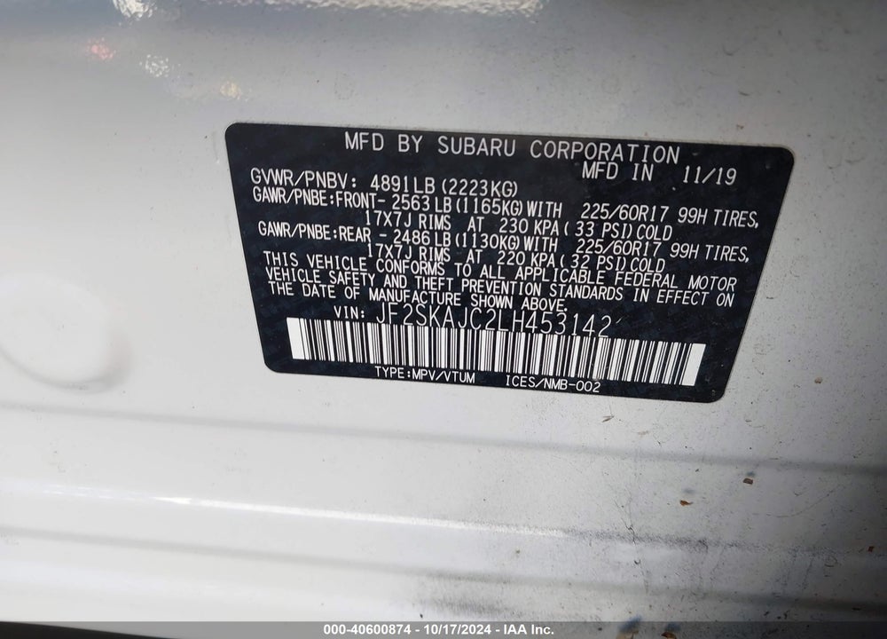 2020 SUBARU FORESTER PREMIUM VIN: JF2SKAJC2LH453142