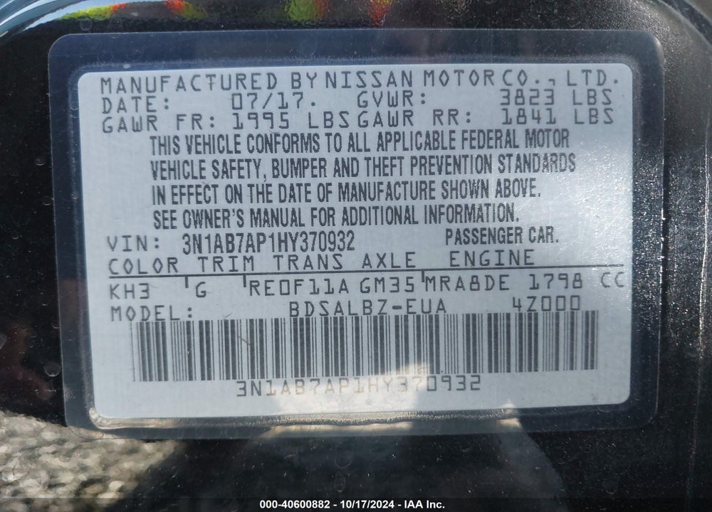 2017 NISSAN SENTRA S VIN: 3N1AB7AP1HY370932