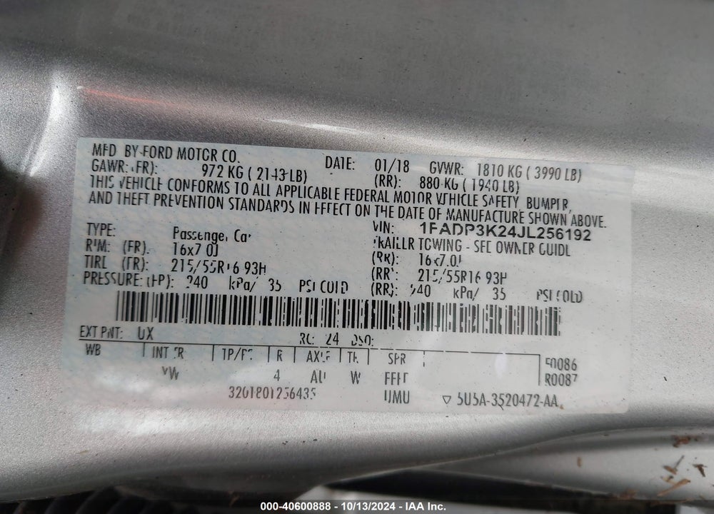 2018 FORD FOCUS SE VIN: 1FADP3K24JL256192