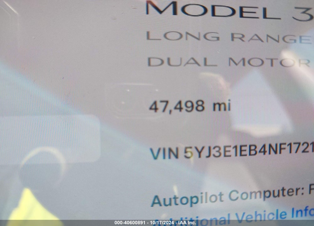 2022 TESLA MODEL 3 LONG RANGE DUAL MOTOR ALL-WHEEL DRIVE VIN: 5YJ3E1EB4NF172121