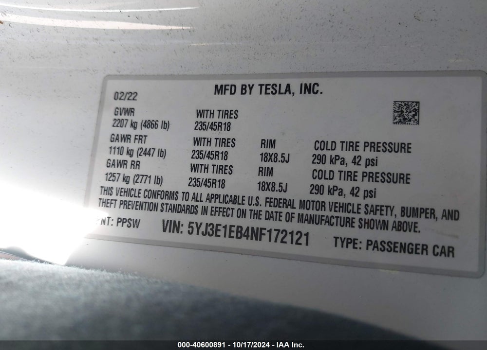 2022 TESLA MODEL 3 LONG RANGE DUAL MOTOR ALL-WHEEL DRIVE VIN: 5YJ3E1EB4NF172121