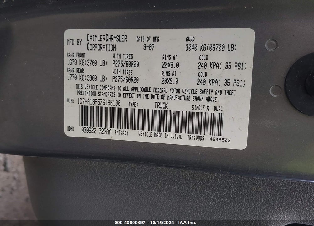 2007 DODGE RAM 1500 SLT VIN: 1D7HA18P57S196190