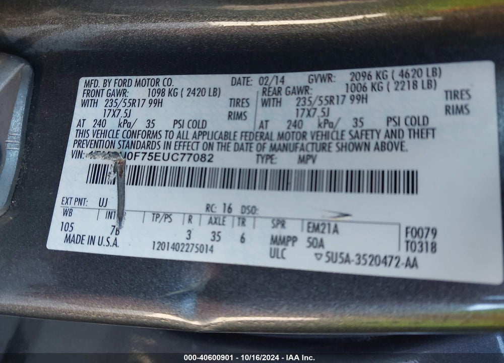 2014 FORD ESCAPE S VIN: 1FMCU0F75EUC77082