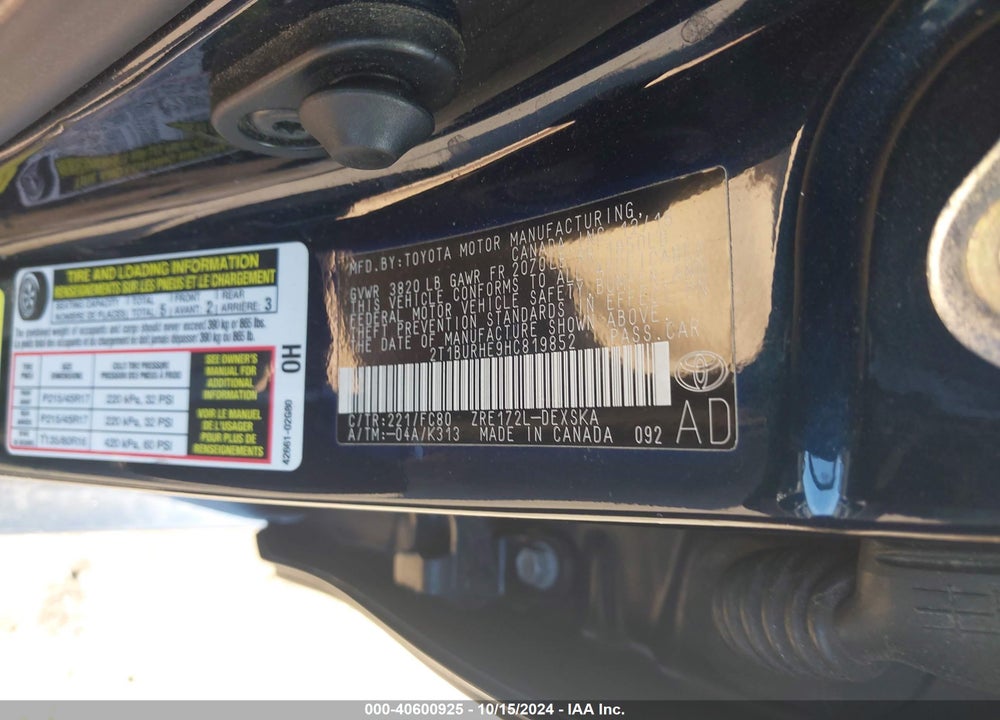 2017 TOYOTA COROLLA SE VIN: 2T1BURHE9HC819852