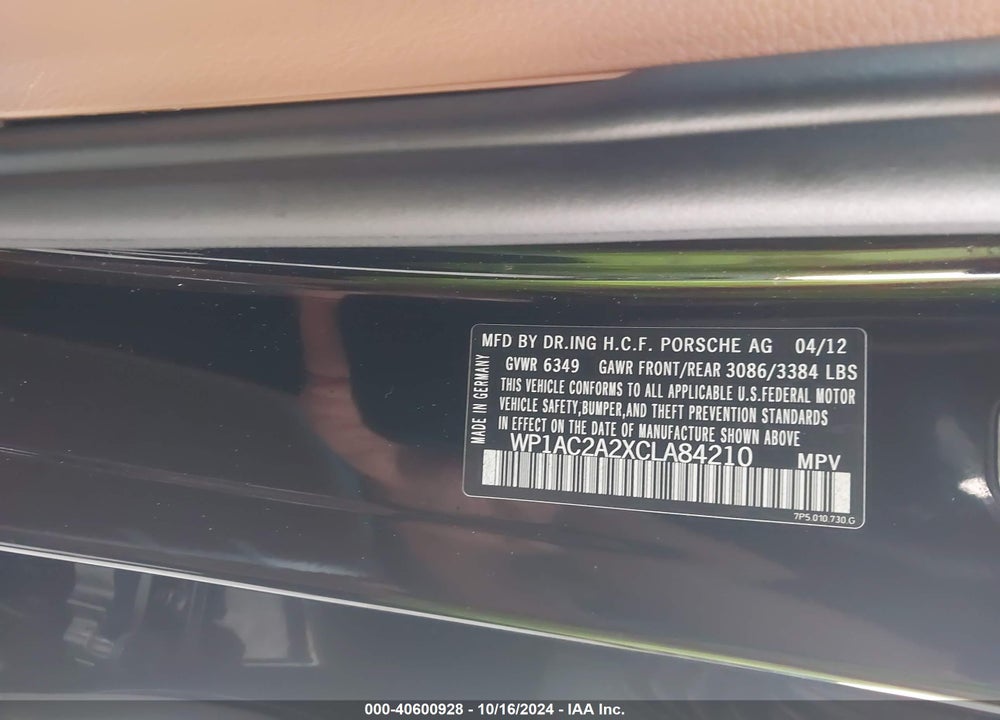 2012 PORSCHE CAYENNE TURBO VIN: WP1AC2A2XCLA84210