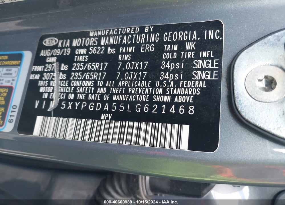2020 KIA SORENTO 3.3L LX VIN: 5XYPGDA55LG621468