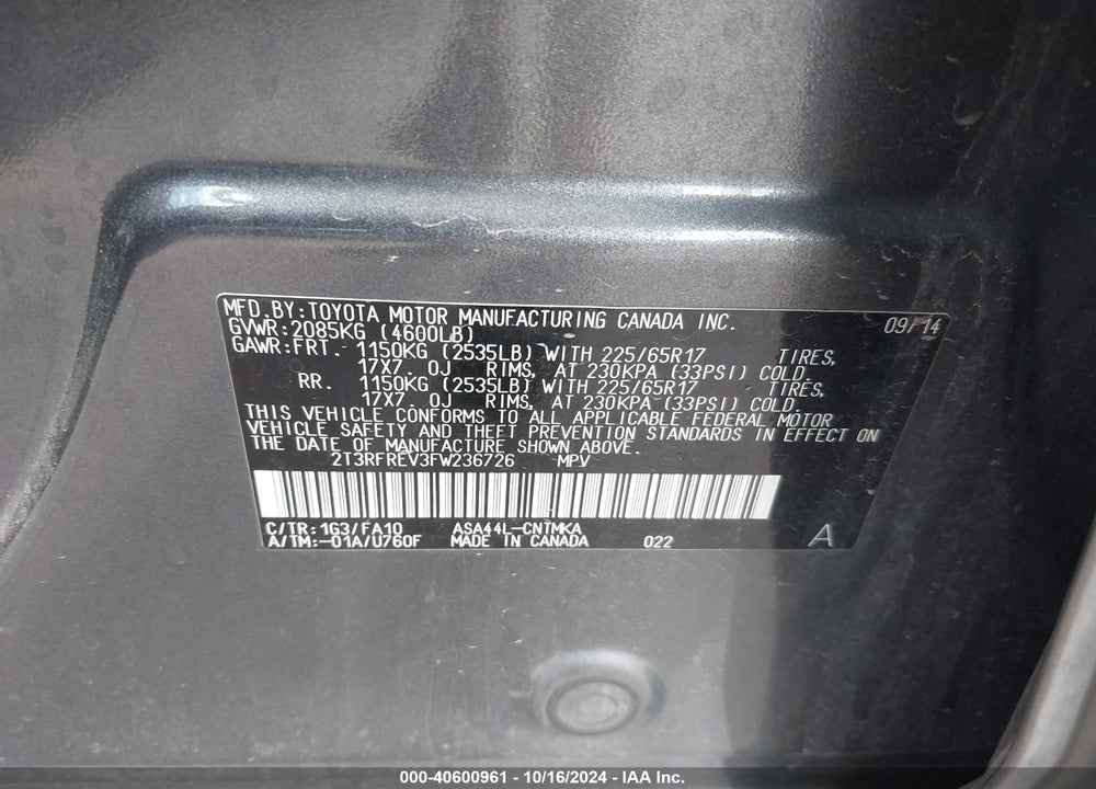2015 TOYOTA RAV4 XLE VIN: 2T3RFREV3FW236726