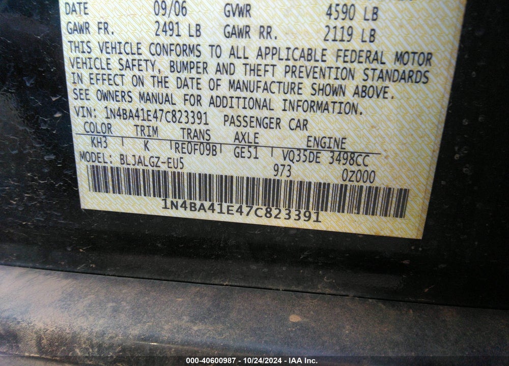 2007 NISSAN MAXIMA VIN: 1N4BA41E47C823391