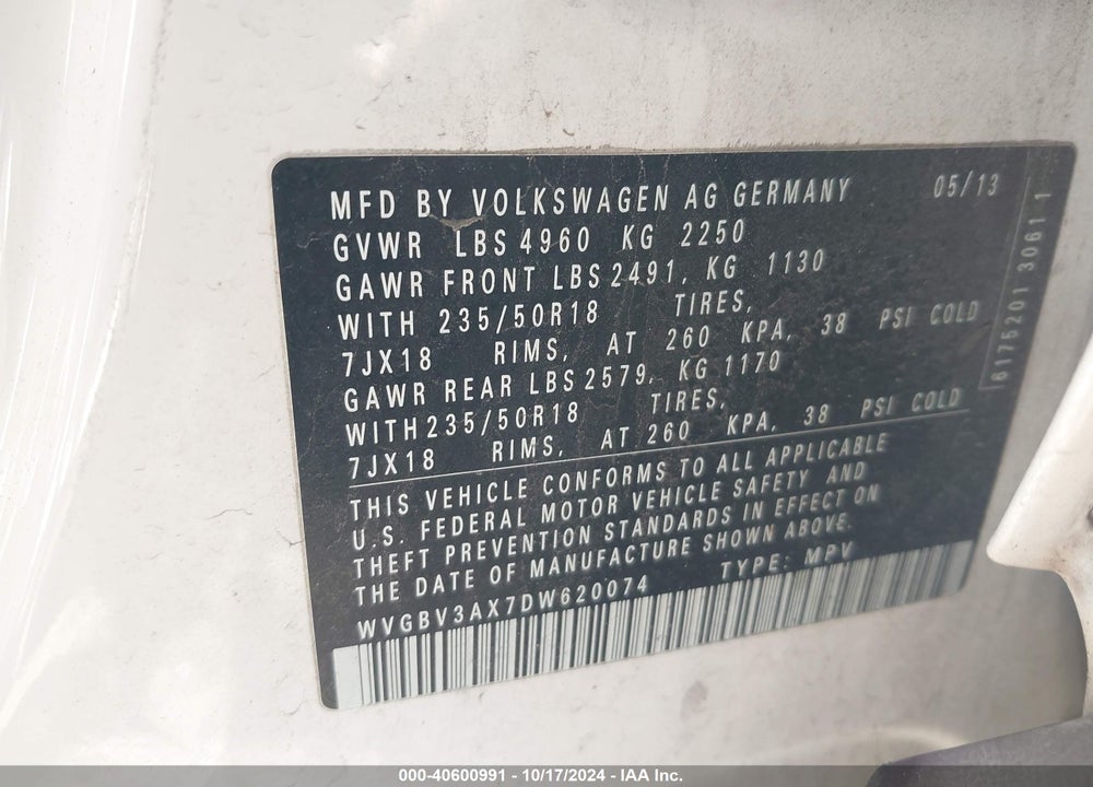 2013 VOLKSWAGEN TIGUAN SE VIN: WVGBV3AX7DW620074