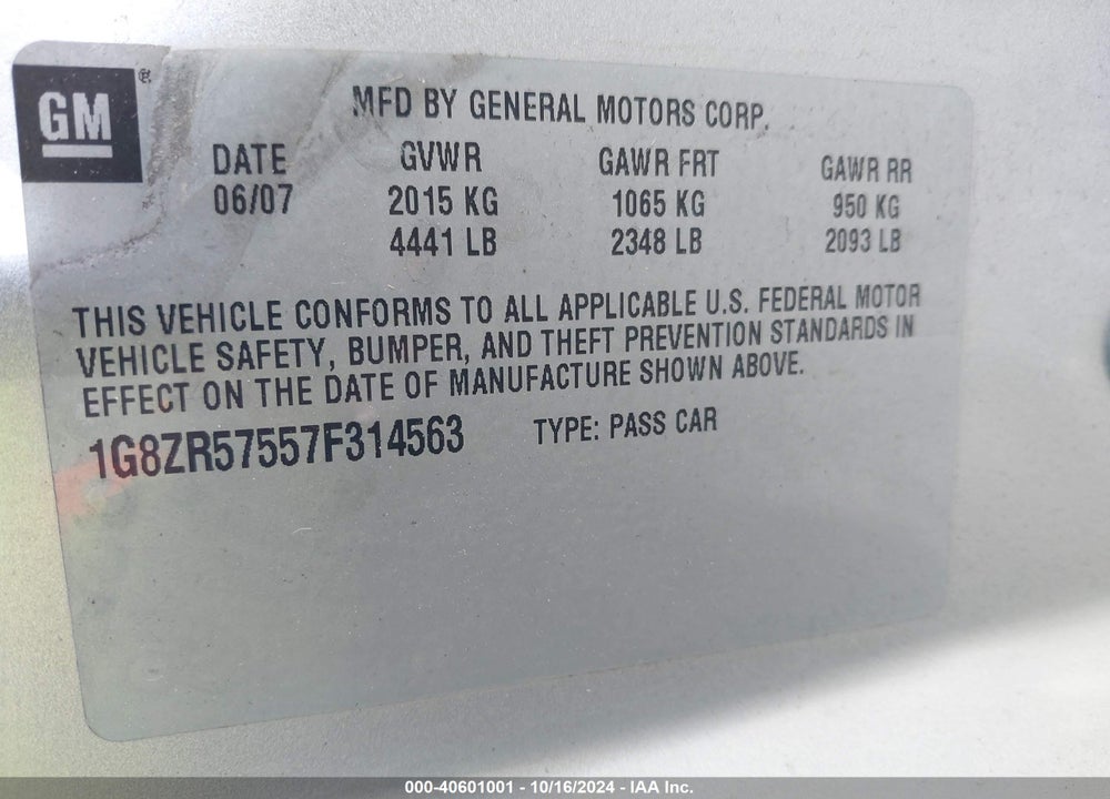 2007 SATURN AURA GREEN LINE HYBRID VIN: 1G8ZR57557F314563