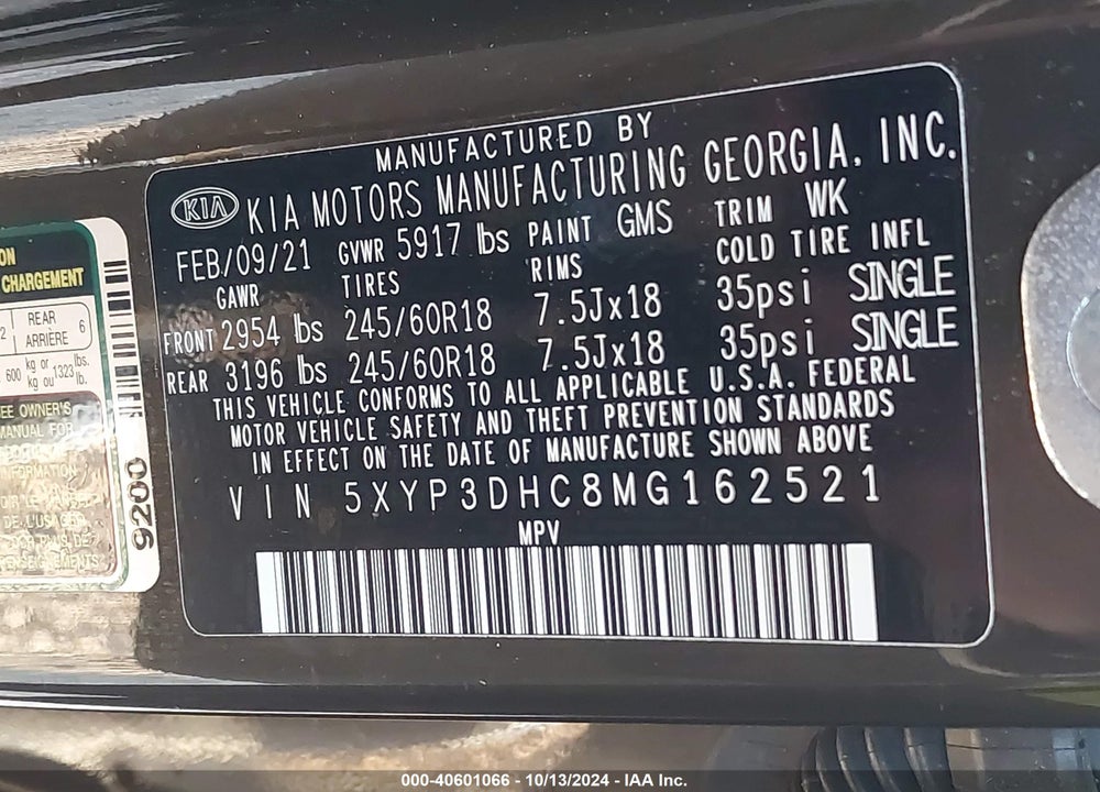 2021 KIA TELLURIDE EX VIN: 5XYP3DHC8MG162521