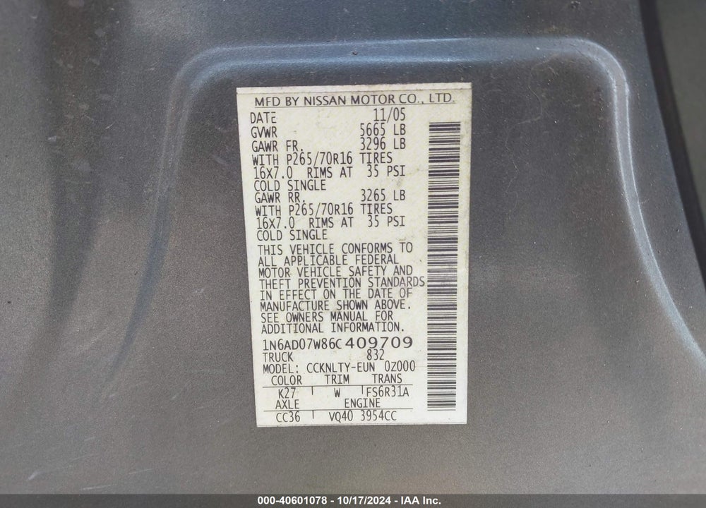 2006 NISSAN FRONTIER SE VIN: 1N6AD07W86C409709