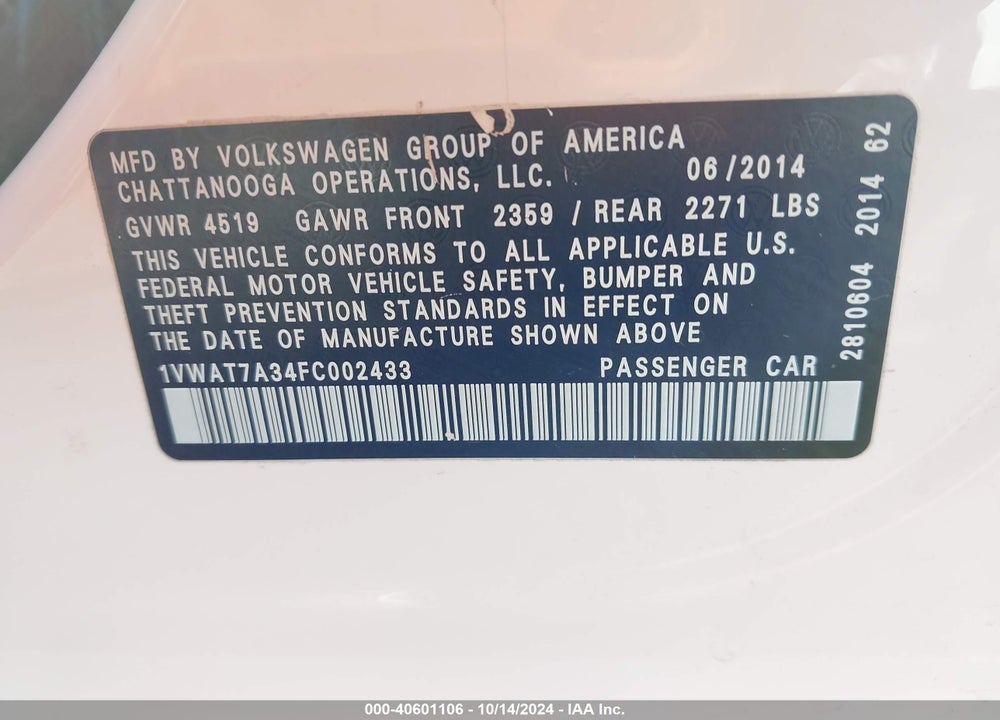 2015 VOLKSWAGEN PASSAT 1.8T S VIN: 1VWAT7A34FC002433
