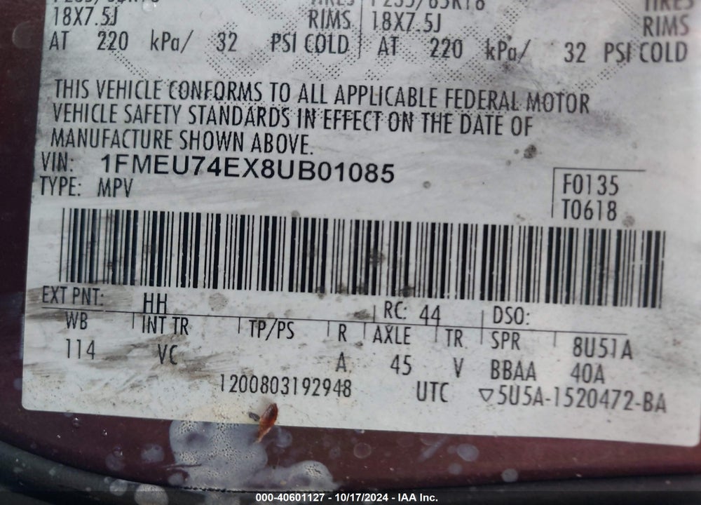 2008 FORD EXPLORER EDDIE BAUER VIN: 1FMEU74EX8UB01085
