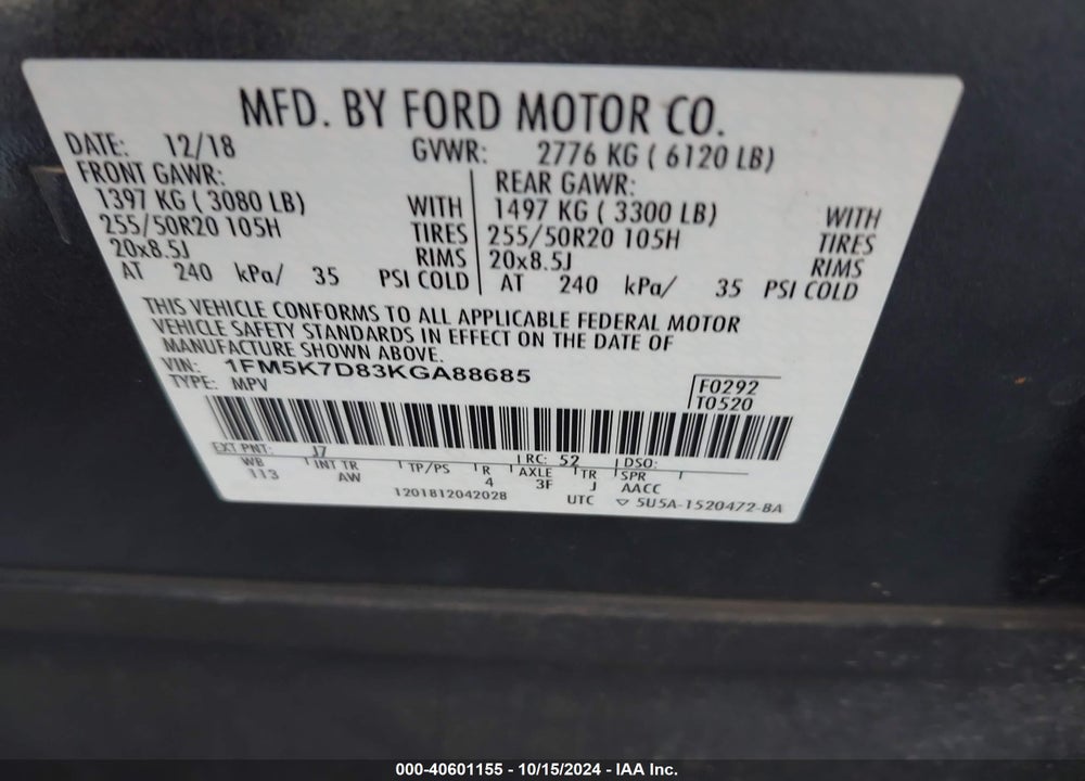 2019 FORD EXPLORER XLT VIN: 1FM5K7D83KGA88685