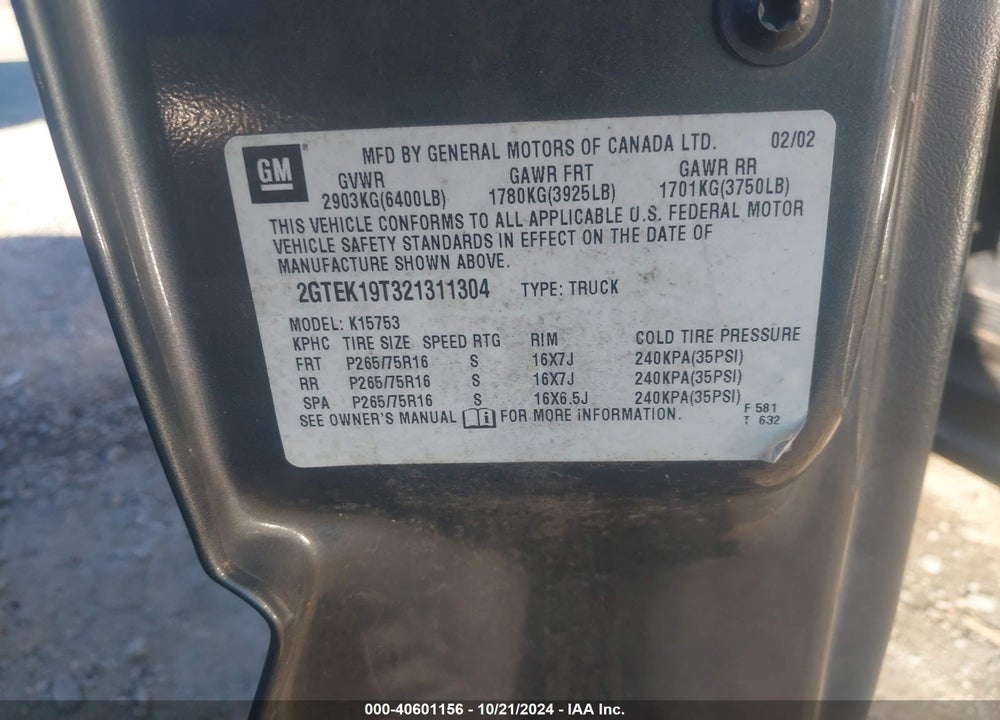 2002 GMC SIERRA 1500 SLE VIN: 2GTEK19T321311304