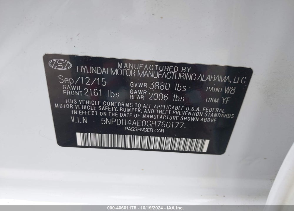 2016 HYUNDAI ELANTRA SE VIN: 5NPDH4AE0GH760177