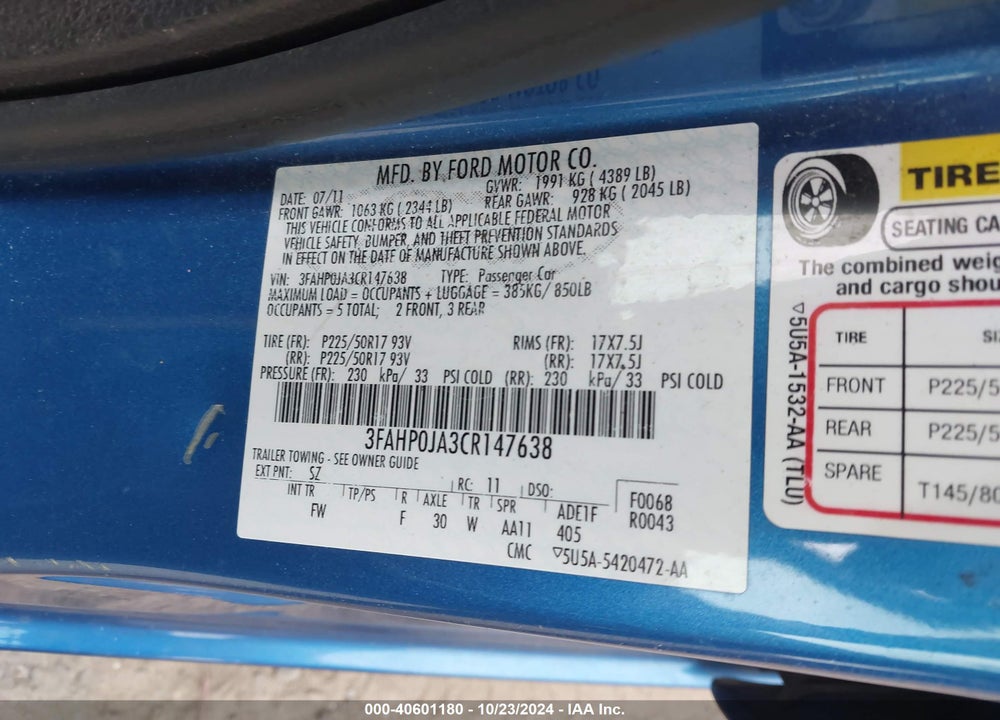 2012 FORD FUSION SEL VIN: 3FAHP0JA3CR147638