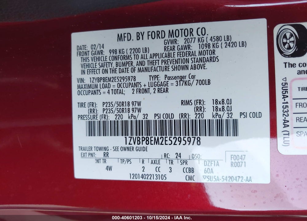 2014 FORD MUSTANG V6 PREMIUM VIN: 1ZVBP8EM2E5295978