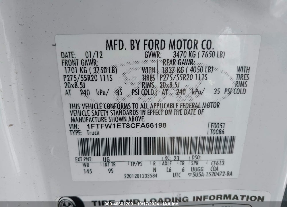 2012 FORD F-150 PLATINUM VIN: 1FTFW1ET8CFA66198