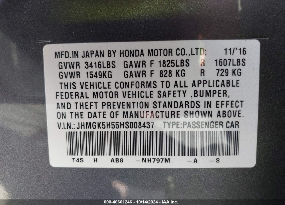 2017 HONDA FIT LX VIN: JHMGK5H55HS008437