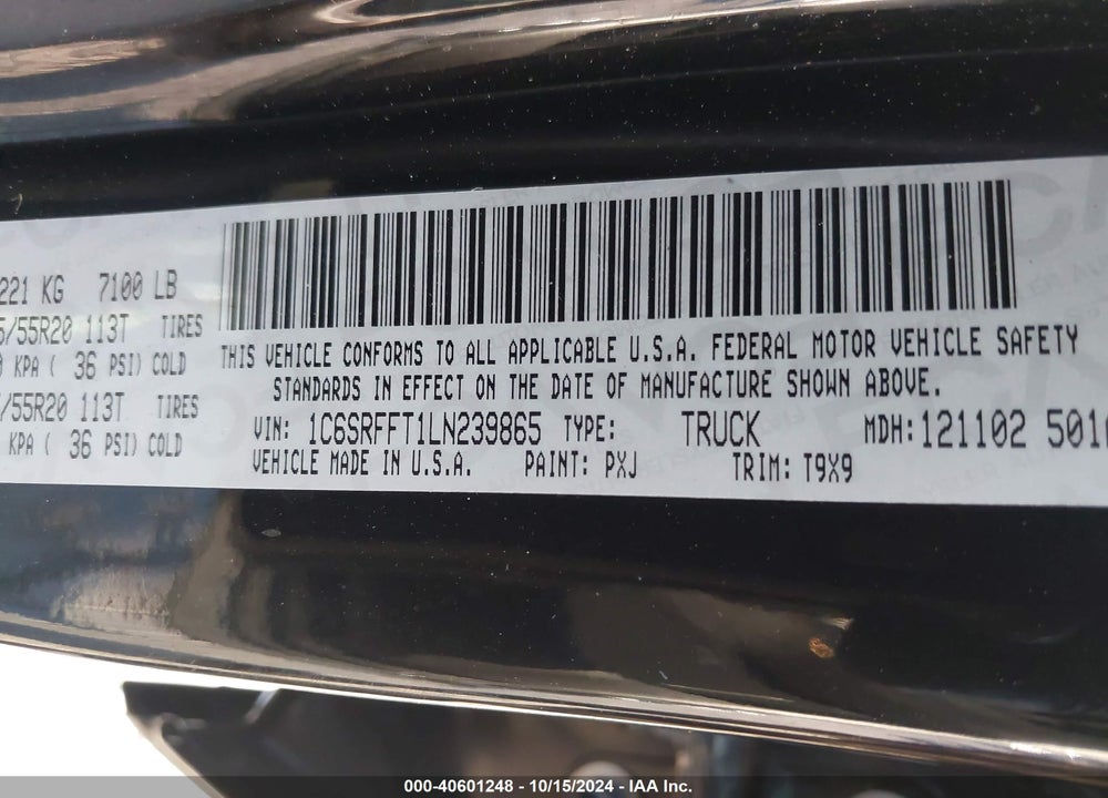 2020 RAM 1500 BIG HORN 4X4 5'7 BOX VIN: 1C6SRFFT1LN239865