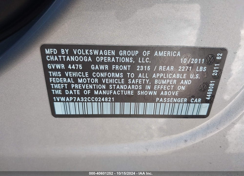 2012 VOLKSWAGEN PASSAT 2.5L S VIN: 1VWAP7A32CC024821