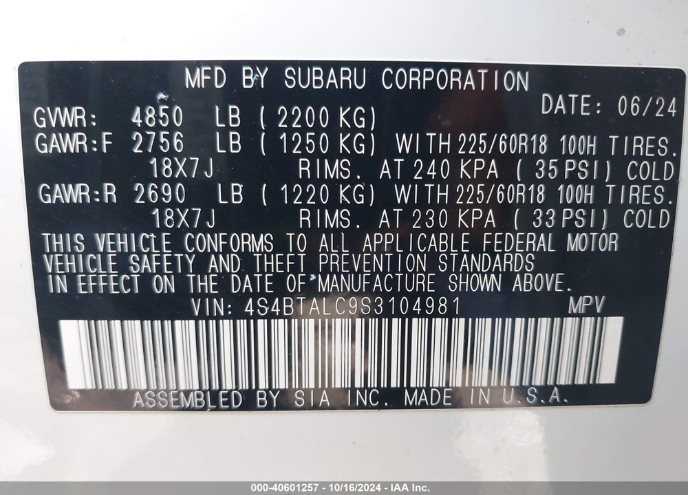 2025 SUBARU OUTBACK ONYX EDITION VIN: 4S4BTALC9S3104981
