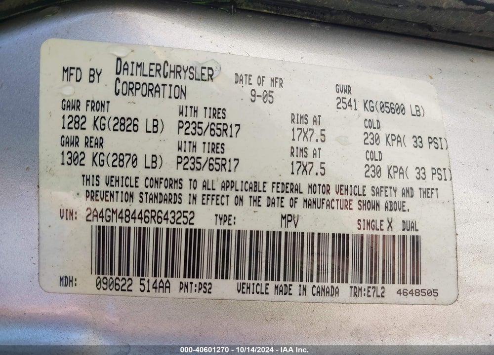 2006 CHRYSLER PACIFICA VIN: 2A4GM48446R643252