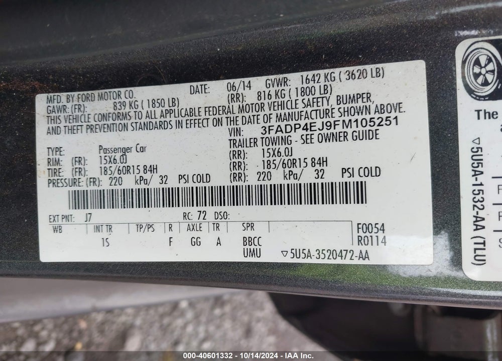 2015 FORD FIESTA SE VIN: 3FADP4EJ9FM105251