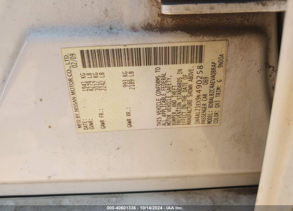 2009 NISSAN ALTIMA 2.5 SL VIN: 1N4AL21EX9N490258