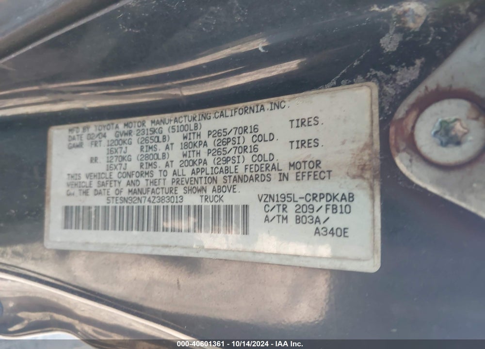 2004 TOYOTA TACOMA PRERUNNER V6 VIN: 5TESN92N74Z383013